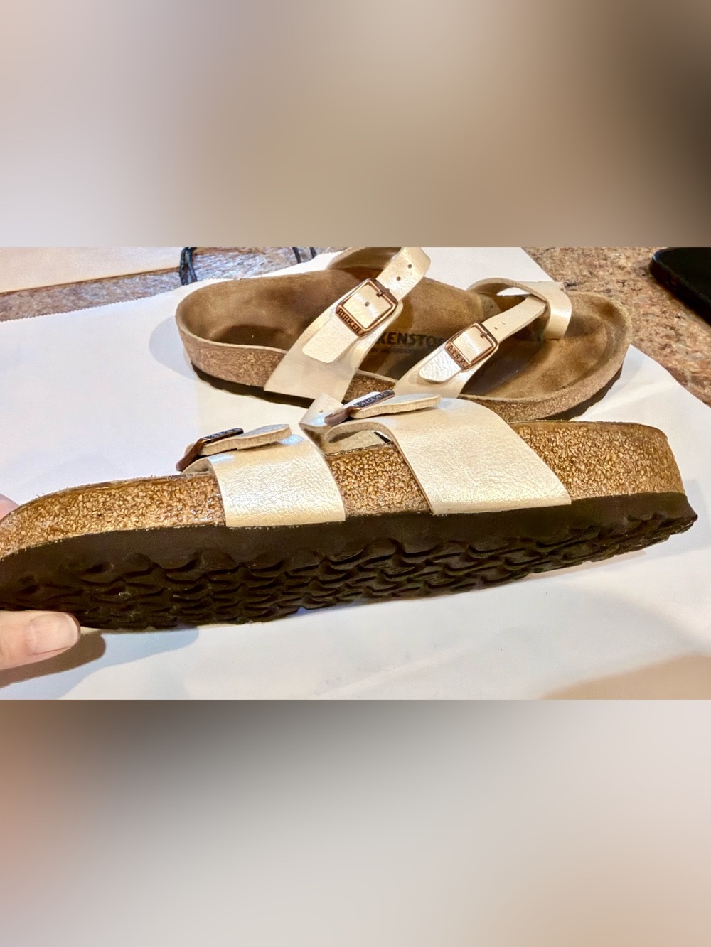 Birkenstock Metallic Cream Cross-Strap Sandals with Rose Gold Buckles - Picture 8 of 14